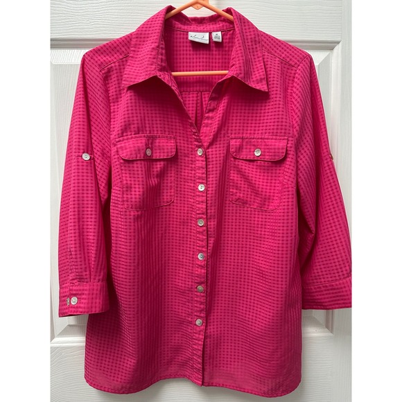 Kim Rogers Tops - Kim Rogers 3/4 sleeve Sheer Material Pink Shirt Size M Button Up Faint Check